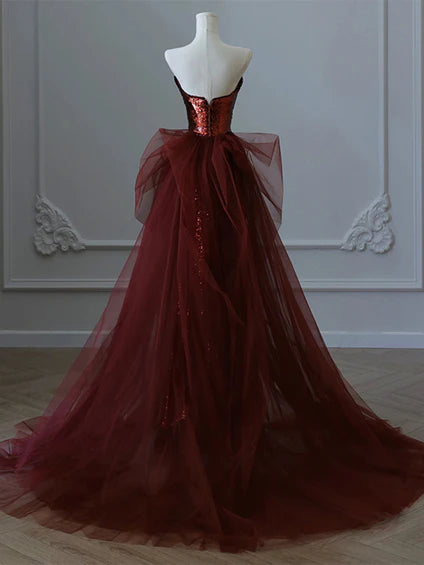 Wine Red Sequins and Tulle Long Formal Dress